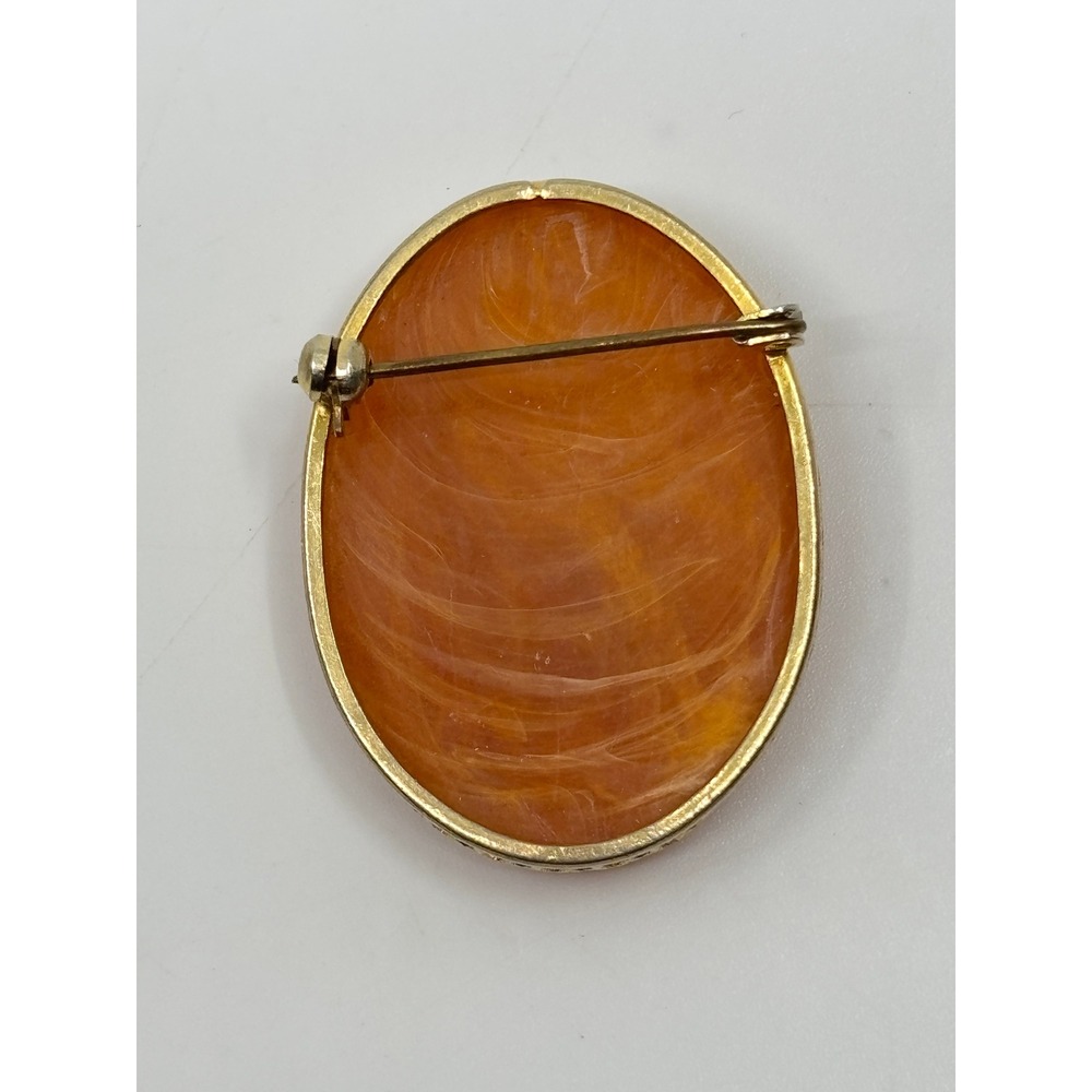 Vintage Gold Tone Oval Cameo Brooch Female Profile Orange Cream Victorian Style - Picture 6 of 8